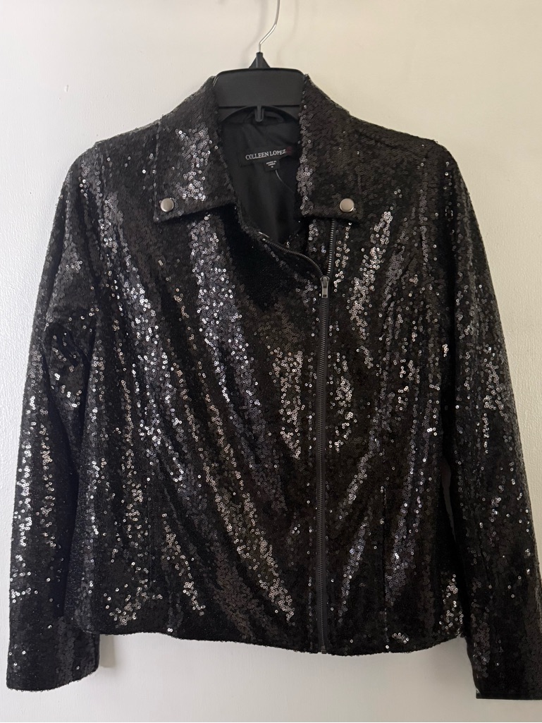 Colleen Lopez Black Sequin Zip-Front Moto Jacket
